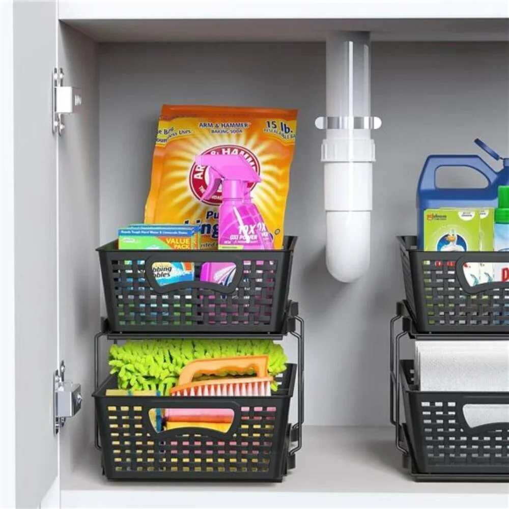 Simple Houseware 2 Tier Bathroom Organizer Tray Pull-Out Sliding Storage Black
